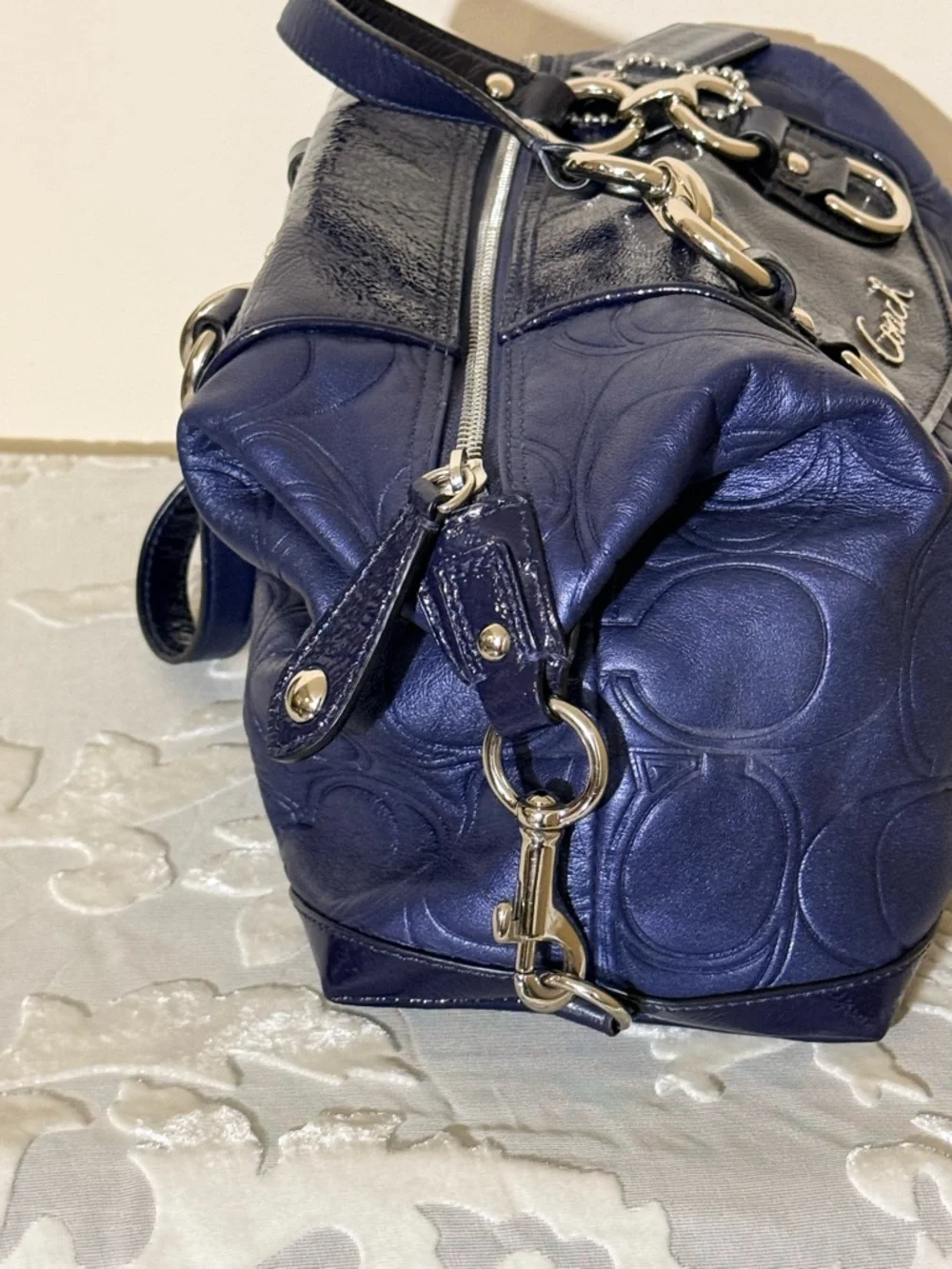 Coach Ashley Embossed Leather Satchel Cobalt Blue Signature Carryall Bag - Picture 4 of 10